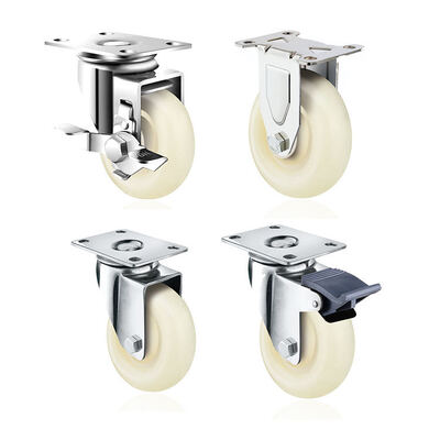 4 Inch PP White Caster Wheels Side Brake Swivel Trolley Wheels With Stainless Steel Plain Bearing