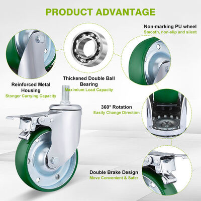 4 / 5 / 6 Inch Heavy Duty Steel Core Green PU Caster Wheels