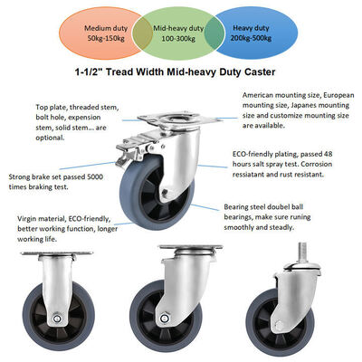 Medium Heavy Duty Industrial Caster Wheel TPR Tread PP Core Swivel Plate Castor for Trolley and Equipment