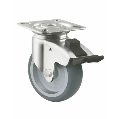 Grey Silent TPR Caster Wheels with Top Plate Mount and Locking Mechanism for Supermarket Trolleys