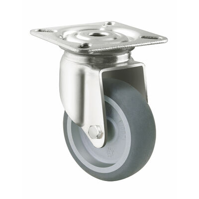 Grey Silent TPR Caster Wheels with Top Plate Mount and Locking Mechanism for Supermarket Trolleys