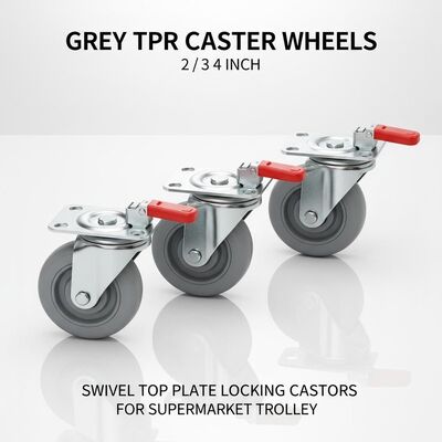 Grey Silent TPR Caster Wheels with Top Plate Mount and Locking Mechanism for Supermarket Trolleys