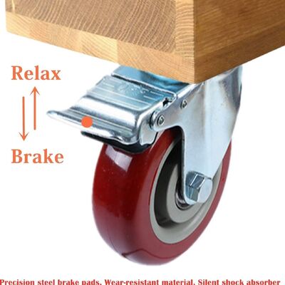 4-calowe, obrotowe, czerwone kółka z PU z hamulcem – obciążenie 300 funtów, odporne na zużycie, poliuretanowe kółka do mebli warsztatowych