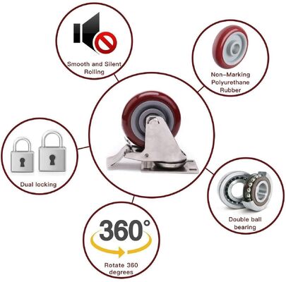 4-calowe, obrotowe, czerwone kółka z PU z hamulcem – obciążenie 300 funtów, odporne na zużycie, poliuretanowe kółka do mebli warsztatowych