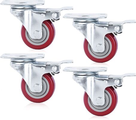 4 Inch Plate Swivel Red PU Caster Wheels with Brake – 300 lbs Load Anti-Wear Polyurethane Workbench Furniture Casters