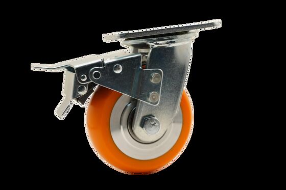 MATERIAL HANDLING ORANGE EXTRA THICK POLYURETHANE TREAD ON ALUMINUM CORE SWIVEL WITH TOTAL BRAKE AND LOCK CASTOR WHEEL