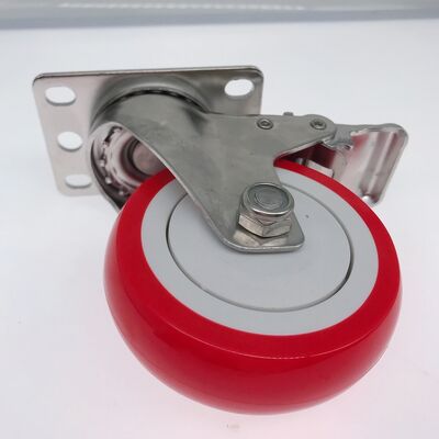 Stainless Steel Workmanship Red 100mm 4 Inch Ball Bearing PU Polyurethane Rust-proof Caster Wheel for Food Service