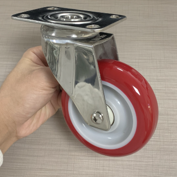 Stainless Steel Workmanship Red 100mm 4 Inch Ball Bearing PU Polyurethane Rust-proof Caster Wheel for Food Service
