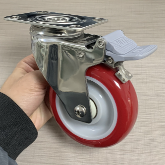 Stainless Steel Workmanship Red 100mm 4 Inch Ball Bearing PU Polyurethane Rust-proof Caster Wheel for Food Service