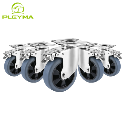 TPR Rubber Steel Mid Heavy Duty Casters Double Ball Bearings 3-6 Inch Bolt Hole Solid Stem Blue Swivel Brake