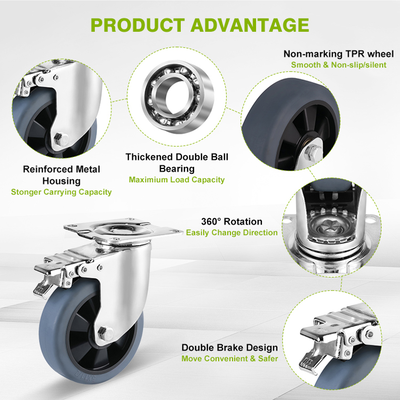TPR Rubber Steel Mid Heavy Duty Casters Double Ball Bearings 3-6 Inch Bolt Hole Solid Stem Blue Swivel Brake