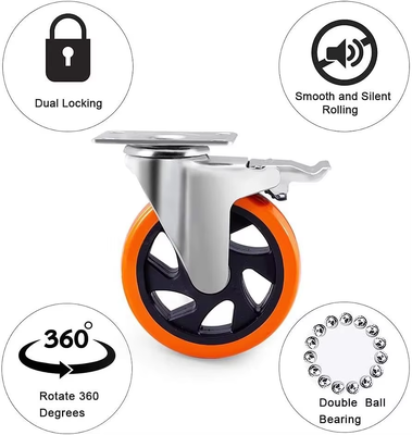 Features a 360-degree 1.5 2 2.5 3 4 5 Inch Heavy Duty Swivel PU Caster Orange Trolley Caster Wheel for Carts or Workbenches