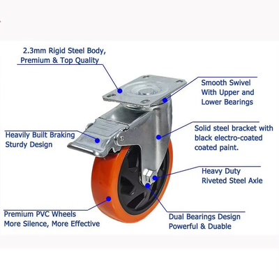 Features a 360-degree 1.5 2 2.5 3 4 5 Inch Heavy Duty Swivel PU Caster Orange Trolley Caster Wheel for Carts or Workbenches